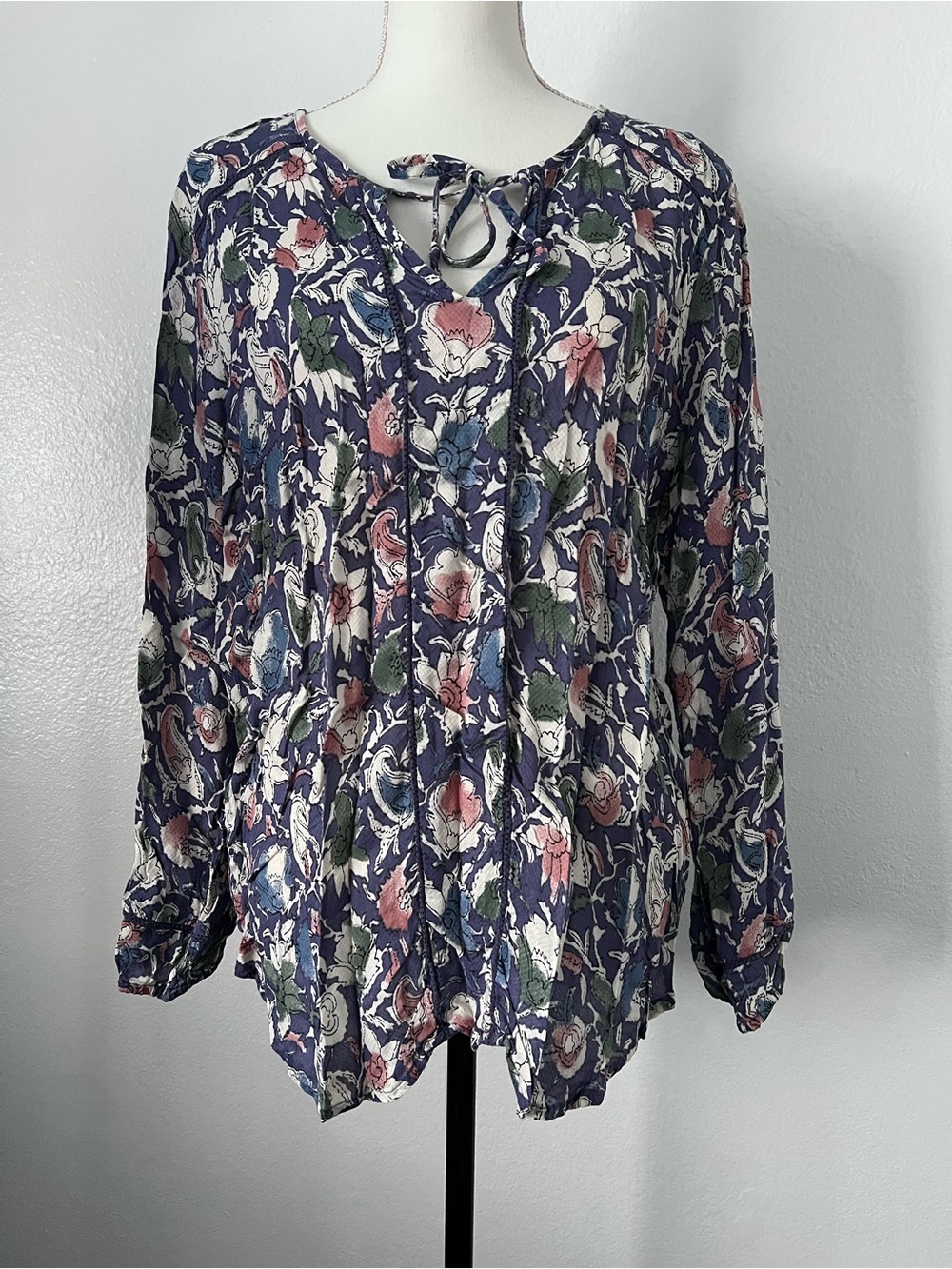 Lucky Brand Blue Purple Floral Print Peasant Blouse Size XL